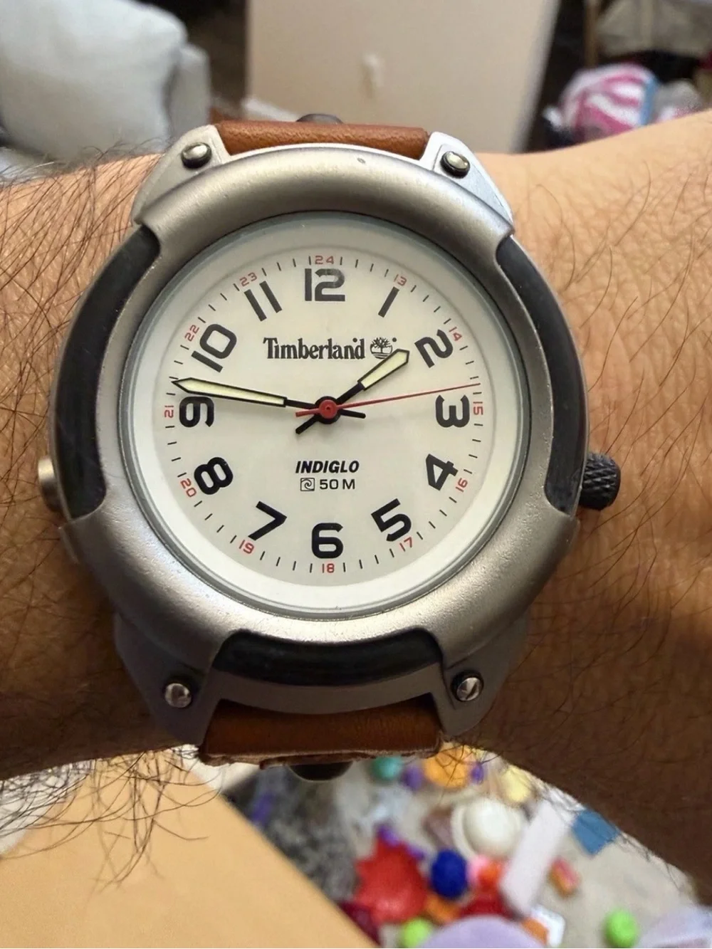 Vintage Timberland Indiglo 42mm Mens Field Watch 50M WR White Dial Leather